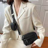 Women 2 in 1 Shoulder Handbag Rhombus Pattern Leather Combo Set