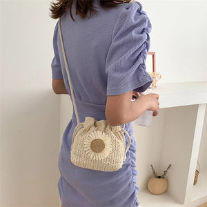 Women Beach Straw Bags Classic Texture Sunflower Drawstring Woven Bucket