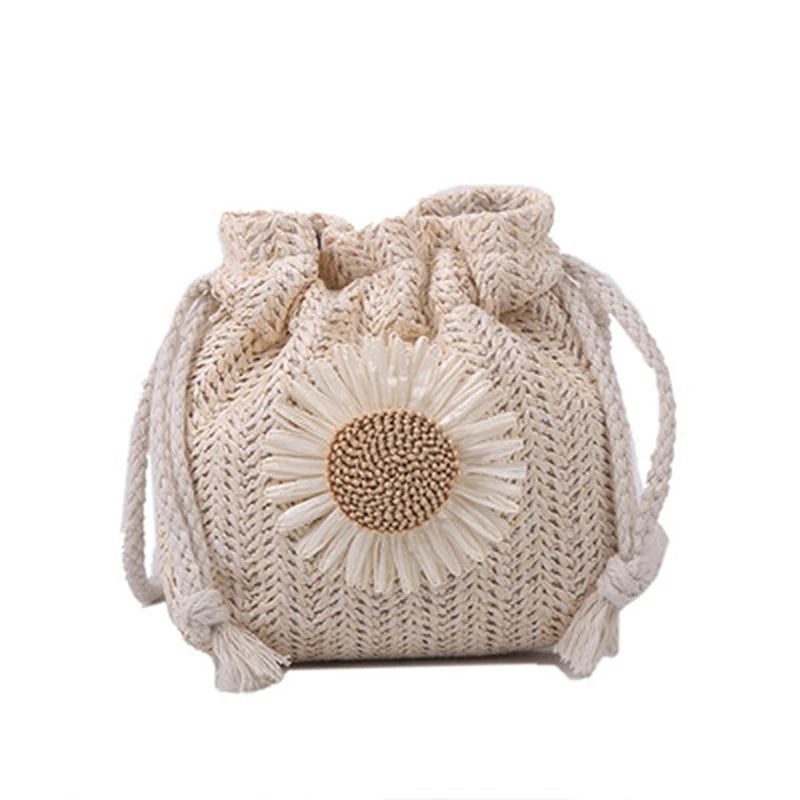 Women Beach Straw Bags Classic Texture Sunflower Drawstring Woven Bucket