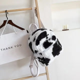 Cow Printed Plush School Backpack for Girls