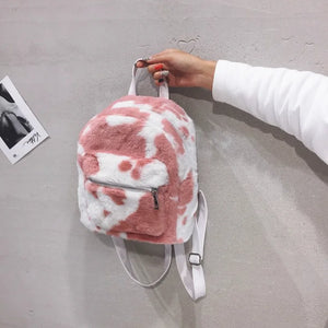 Cow Printed Plush School Backpack for Girls