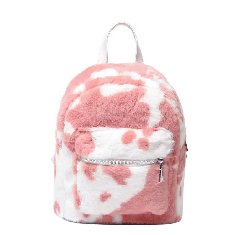 Cow Printed Plush School Backpack for Girls