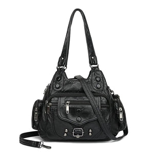 Women Small Handbag Top-handle Satchel Soft PU Shoulder Bag Multi-pockets