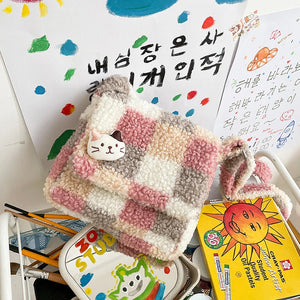 Women Small Plush Shoulder Bag Checked Plaid Crossbody Bag