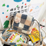 Women Small Plush Shoulder Bag Checked Plaid Crossbody Bag