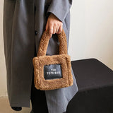 Women Small Plush Tote Bag Soft Lamb Wool Handbag Faux Fur Shoulder