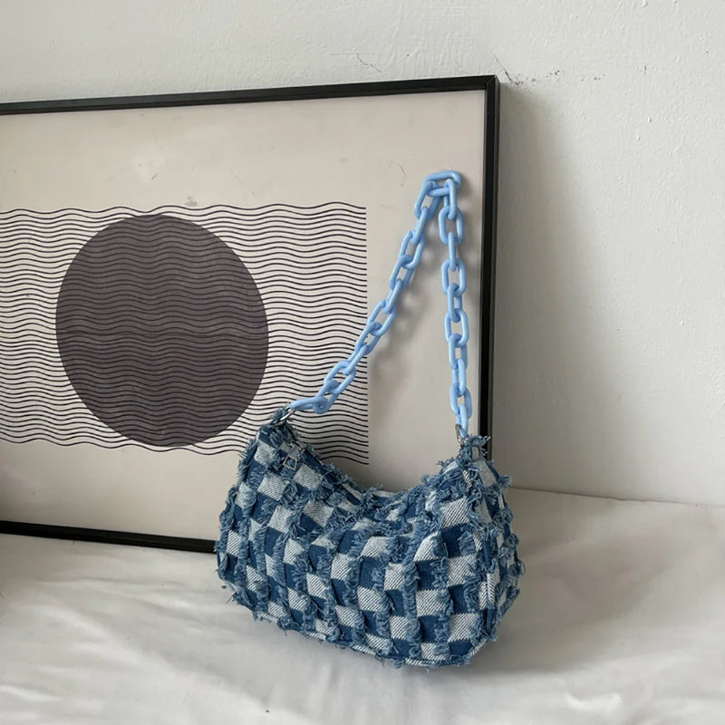 Checked Acrylic Chain Top Handle Shoulder Bag for Women