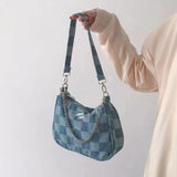 Women Small Shoulder Bags Checked Handbag Canvas Tote Chain Underarm Bag