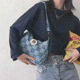 Women Small Shoulder Bags Checked Handbag Canvas Tote Chain Underarm Bag