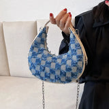 Plaid Canvas Shoulder Handbag Underarm Chain Tote Half Moon Purse Bags