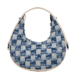 Plaid Canvas Shoulder Handbag Underarm Chain Tote Half Moon Purse Bags