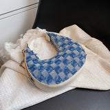 Plaid Canvas Shoulder Handbag Underarm Chain Tote Half Moon Purse Bags