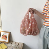 Women Small Transparent Tote Mesh Cloth Bags Daisy Embroidery Handbag Mini Purse