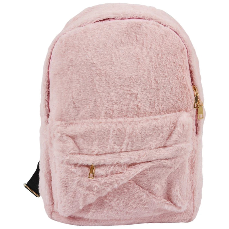 Pink Faux Fur Plush Backpack Shoulder Bag Heart Pendant