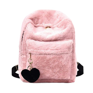 Pink Faux Fur Plush Backpack Shoulder Bag with Heart Pendant
