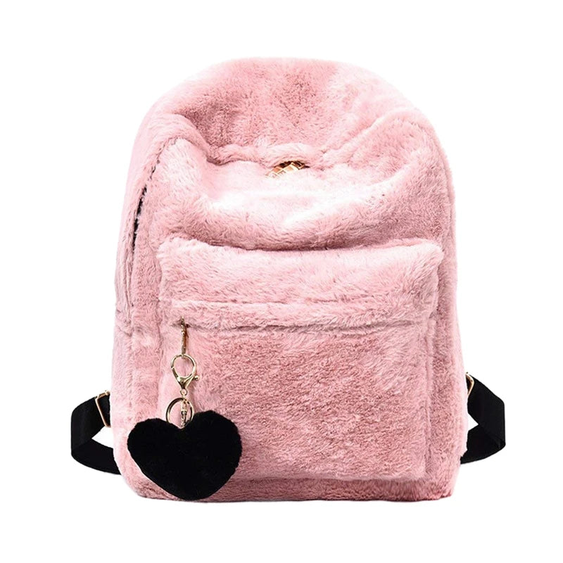 Pink Faux Fur Plush Backpack Shoulder Bag with Heart Pendant