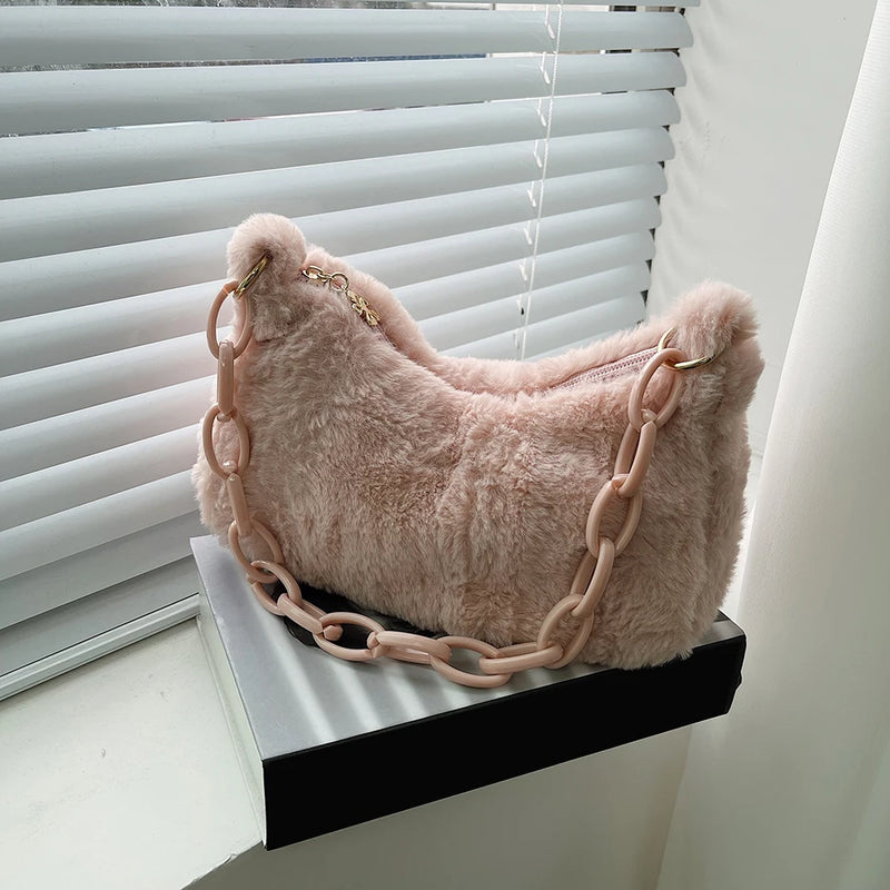 Women Plush Shoulder Bags Small Underarm Bags Acrylic Chain Fluffy Tote Bags