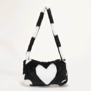 Women Soft Warm Plush Shoulder Bag Heart Print Handbags