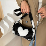 Women Soft Warm Plush Shoulder Bag Heart Print Handbags