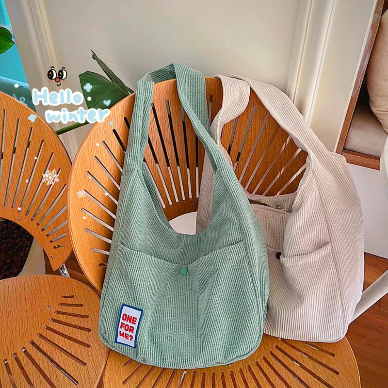 Solid Corduroy Bag Large Capacity Shopping Tote Handbags