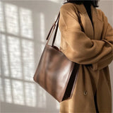 Solid Leather Shoulder Handbags Large Capacity Ladies Shopper Bags
