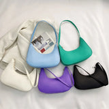 Women Solid Nylon Tote Top-handle Bags Lady Casual Crescent Shape Zipper Handbag
