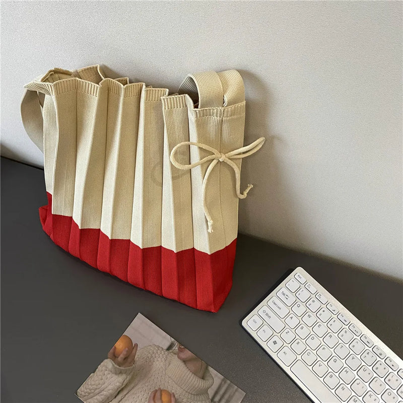 Women Stripe Knit Pleated Bag Folding Single-shoulder Organ Shopping Bags