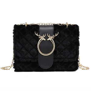 Deer Head Pattern Plush Crossbody Bag with Chain Strap