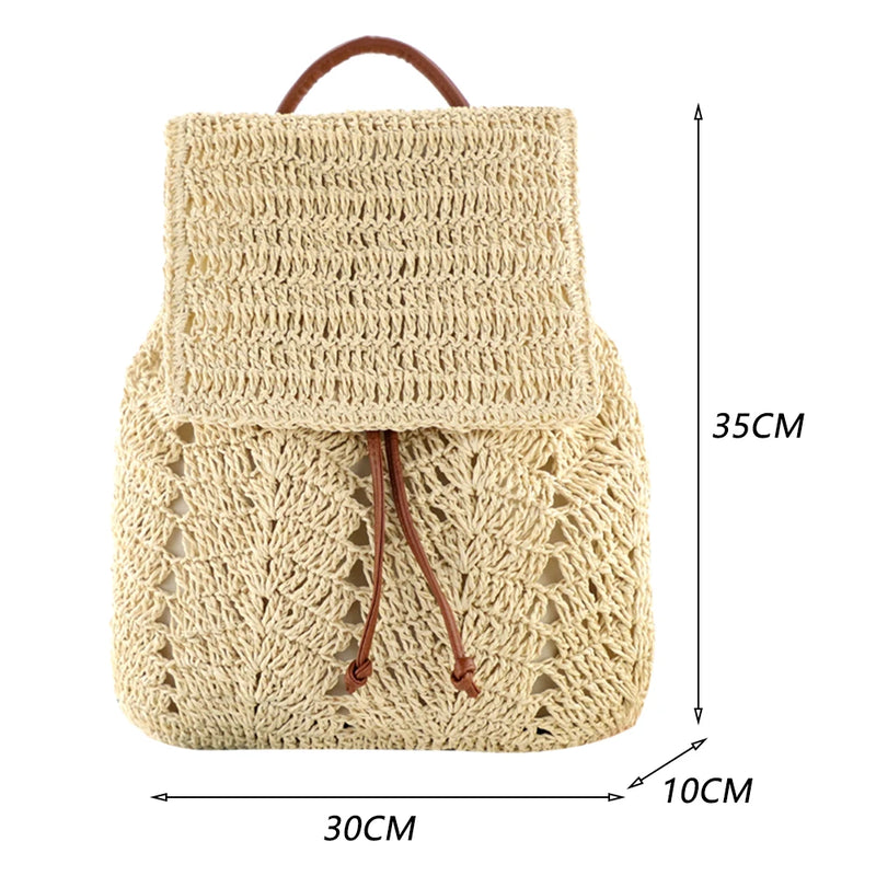Straw Backpack Beach Top Handle Bag Casual Woven Shoulder Bag