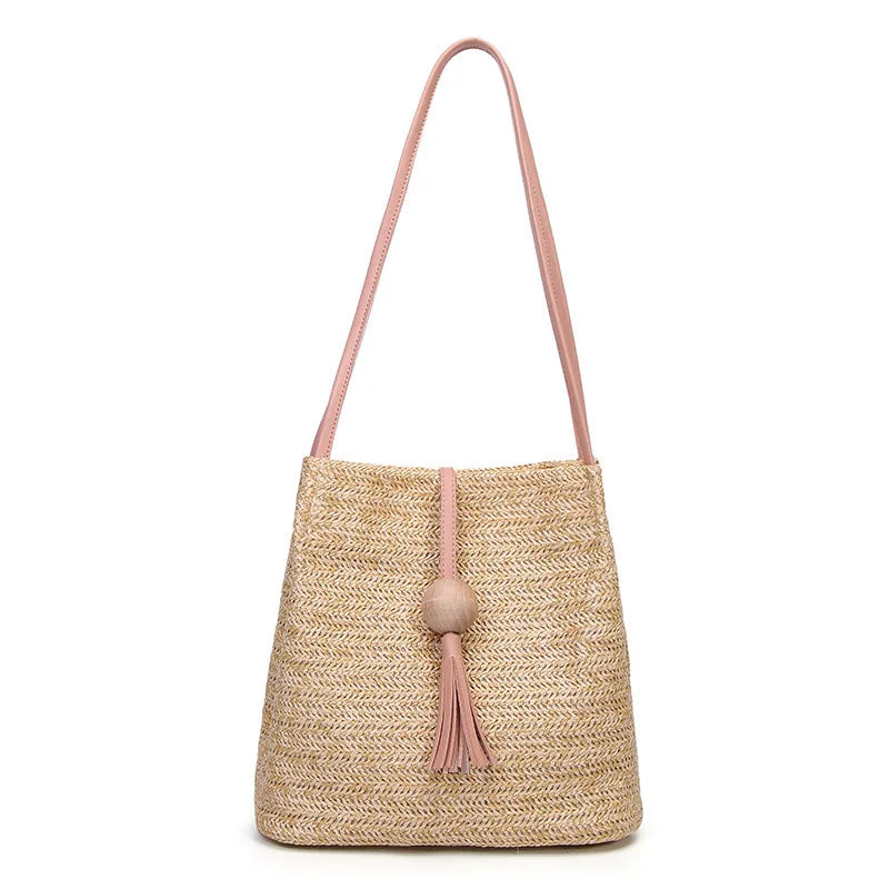 Women Straw Bag Bohemian Rattan Beach Handbag Kintted Crossbody Bucket Bags