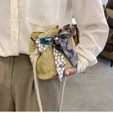 Straw Bucket Bag with Bow Scarf Drawstring