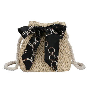 Straw Bucket Bag with Bow Scarf Drawstring