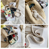 Straw Bucket Bag with Bow Scarf Drawstring