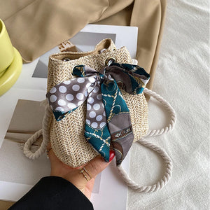 Straw Bucket Bag with Bow Scarf Drawstring