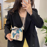 Straw Bucket Bag with Bow Scarf Drawstring