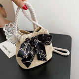 Straw Bucket Bag with Bow Scarf Drawstring