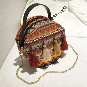 Bohemian Round Straw Beach Shoulder Bag Crossbody Handbag