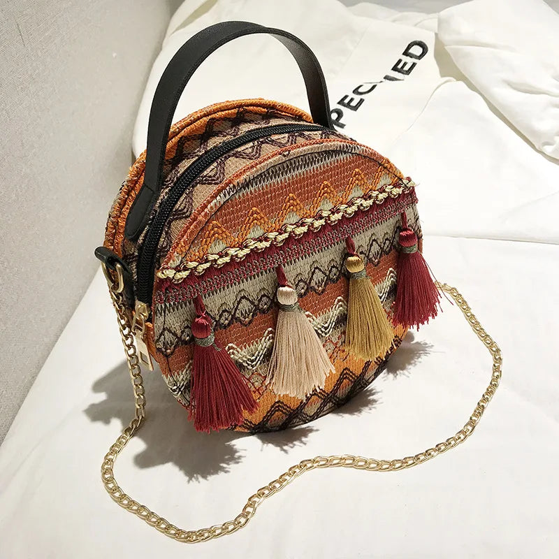 Bohemian Round Straw Beach Shoulder Bag Crossbody Handbag