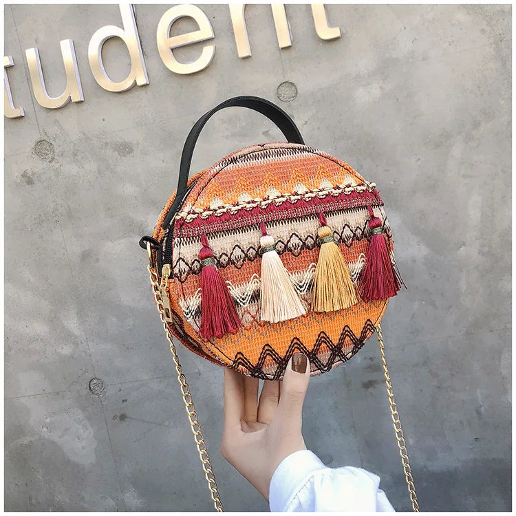 Bohemian Round Straw Rattan Beach Bag Crossbody Handbag