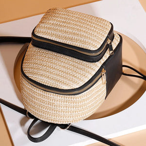 Women Straw Beach Backpack Summer Boho Woven Leather Purse Bags