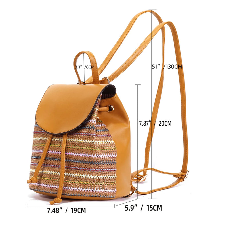 Women Straw Embroidery Shoulder Backpack Boho Ethnic Summer Beach Bag