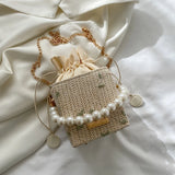 Women Straw Purses with Peral Chain Crossbody Bags