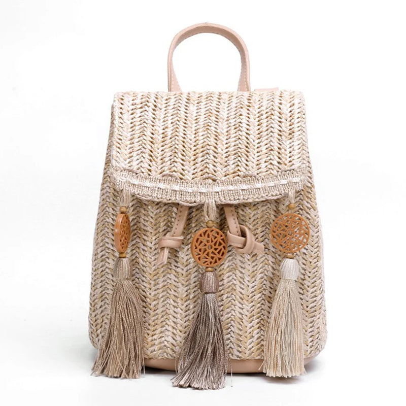 Boho Straw Shoulder Backpack with Tassel - Beach Bucket Bag