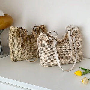 Retro Large Capacity Straw Shoulder Bag for Women