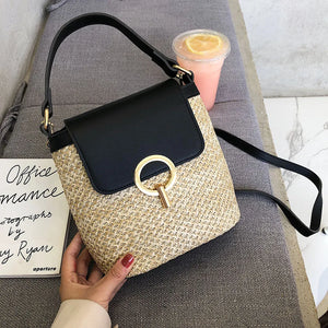 Straw Weave Shoulder Bags for Women Summer Bucket Handbags Beach Totes