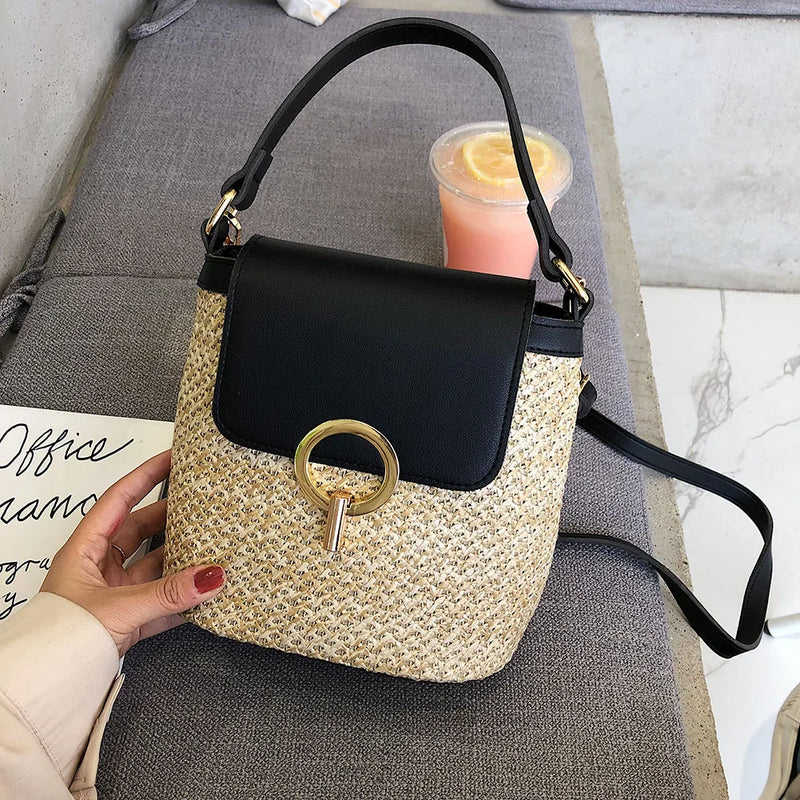 Straw Weave Shoulder Bags for Women Summer Bucket Handbags Beach Totes
