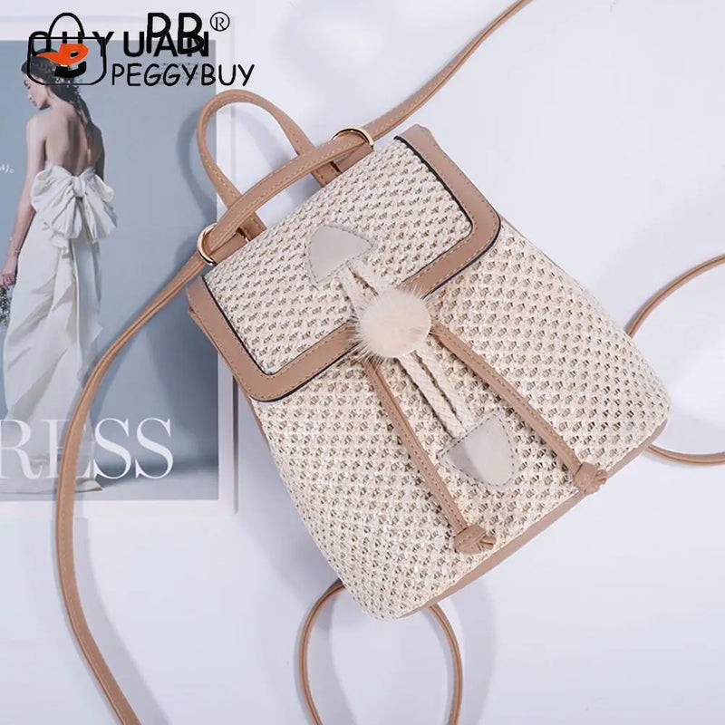 Women Straw Woven Backpack Leather Splicing Daypack for Traveling Shopping