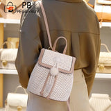 Women Straw Woven Backpack Leather Splicing Daypack for Traveling Shopping