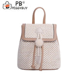 Women Straw Woven Backpack Leather Splicing Daypack for Traveling Shopping