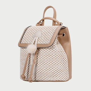 Women Straw Woven Backpack Summer Beach Female Leather Splicing Daypack